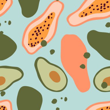 Avokado ve papaya pürüzsüz desende, elle çizilmiş meyveler, soyut meyveler