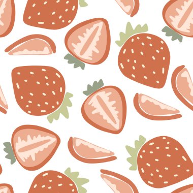 Çilek desenli, el çizimi meyveli.