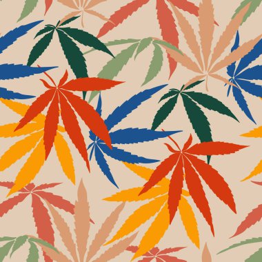 Kenevir bitkisi, kenevir yaprakları, parlak renkli kenevir deseni, sarı, turuncu, yeşil, mavi, bej, pembe