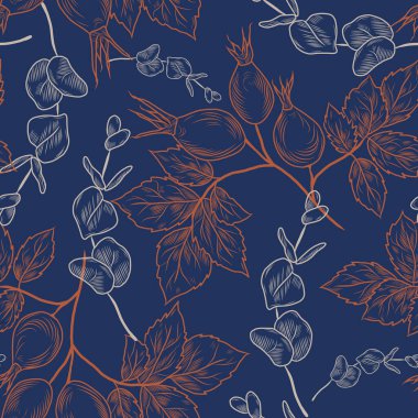 Okaliptüs ve gül kalçası dikişsiz çiçekli el çizimi desen