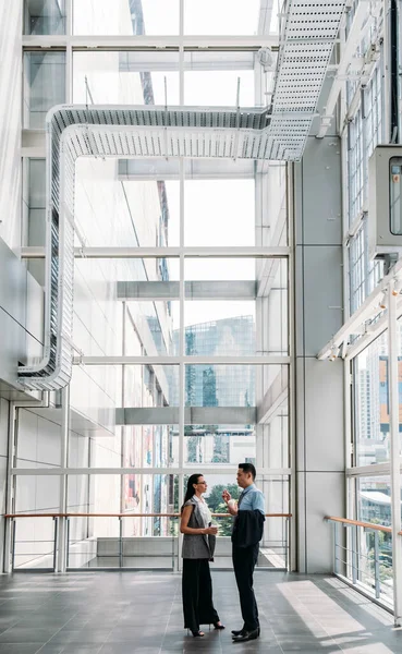 Glückliche Geschäftskollegen Stehen Modernen Flur Mit Großen Fenstern Unterhalten Sich — Stockfoto
