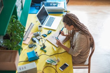Kadın elektronik mühendisinin en iyi görüntüsü atölyesinde lehim yapıyor. Nalbur tamirhanesinde kadın mühendis veya teknik tamirat elektronik cihaz
