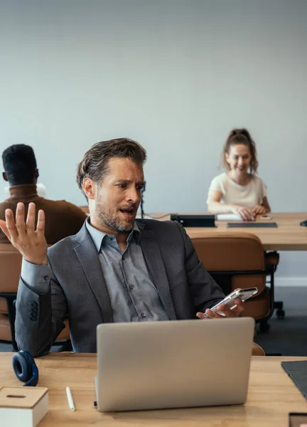 Angry Business Man Shouting Mobile Phone Work Upset Businessman Talking — Stock Fotó