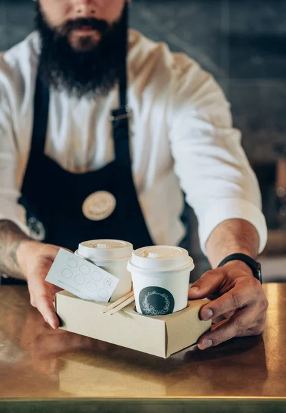 Anonymous Barista Serving Two Take Away Paper Cup Coffee Cafe — Stock Photo, Image