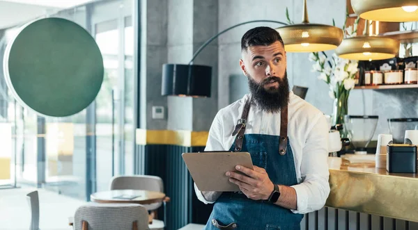 Handsome Barista Doing Inventory Products Coffee Shop Serious Waiter Beard — Stock Photo, Image