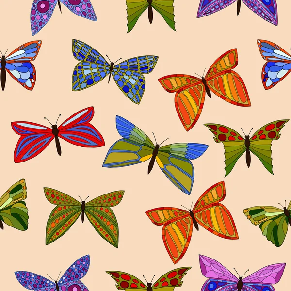 Vector abstracto colorido doodle mariposas patrón sin costura — Vector de stock