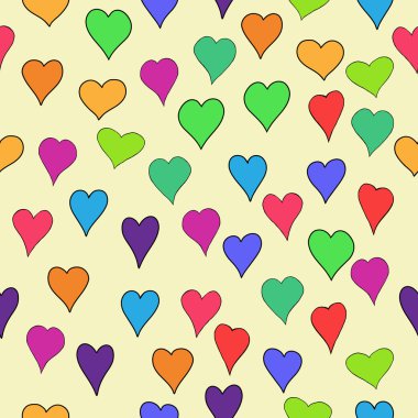 soyut vektör Sevgililer doodle yürekleri - kesintisiz renkli kırmızı, turuncu, sarı, yeşil, mavi, mor ve menekşe
