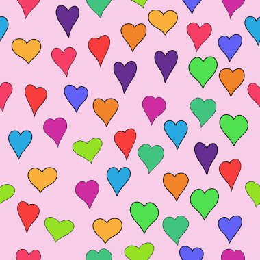 soyut vektör Sevgililer doodle yürekleri - kesintisiz renkli kırmızı, turuncu, sarı, yeşil, mavi, mor ve menekşe