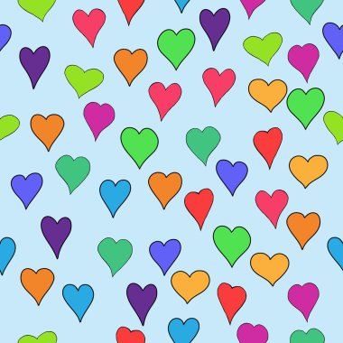 soyut vektör Sevgililer doodle yürekleri - kesintisiz renkli kırmızı, turuncu, sarı, yeşil, mavi, mor ve menekşe