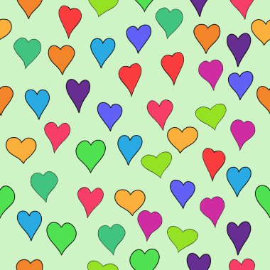 soyut vektör Sevgililer doodle yürekleri - kesintisiz renkli kırmızı, turuncu, sarı, yeşil, mavi, mor ve menekşe