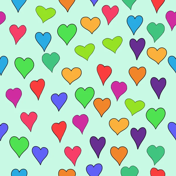 Soyut vektör Sevgililer doodle yürekleri - kesintisiz renkli kırmızı, turuncu, sarı, yeşil, mavi, mor ve menekşe — Stok Vektör