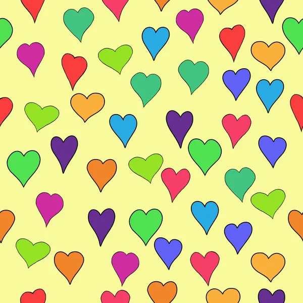 Soyut vektör Sevgililer doodle yürekleri - kesintisiz renkli kırmızı, turuncu, sarı, yeşil, mavi, mor ve menekşe — Stok Vektör