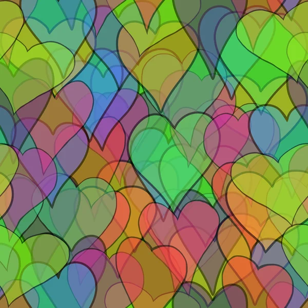 Vetor abstrato sem emenda valentine colorido com corações doodle - vermelho, laranja, amarelo, verde, azul, roxo e violeta — Vetor de Stock