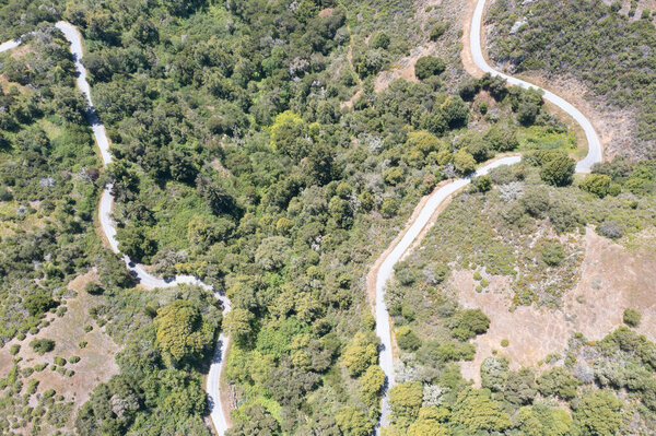 A scenic road meanders through the vegetation-covered hills of the East Bay, just a few miles from San Francisco Bay in Northern California. This area provides open spaces for hikers and bikers.