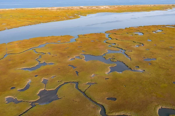 麻萨诸塞州科德角的欢乐湾 狭窄的海峡蜿蜒穿过盐沼 这类湿地生境是候鸟 鱼类和许多海洋无脊椎动物的重要食物来源 — 图库照片