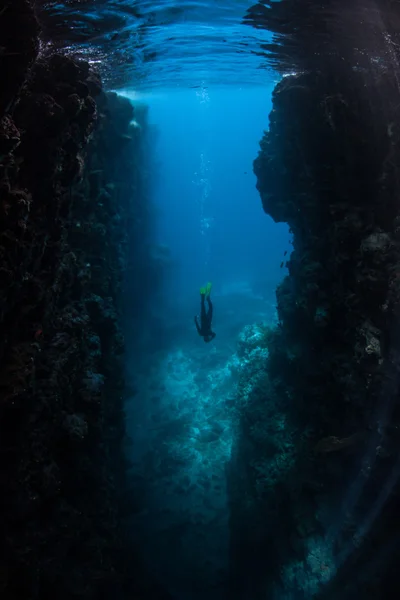 Homem mergulhando nas Ilhas Salomão no Oceano Pacífico . — Fotografia de Stock