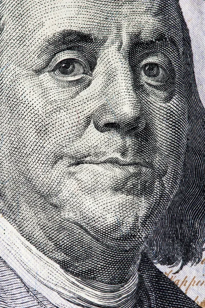 Деталь Бенджамина Франклина на 100 долларовой купюре — стоковое фото