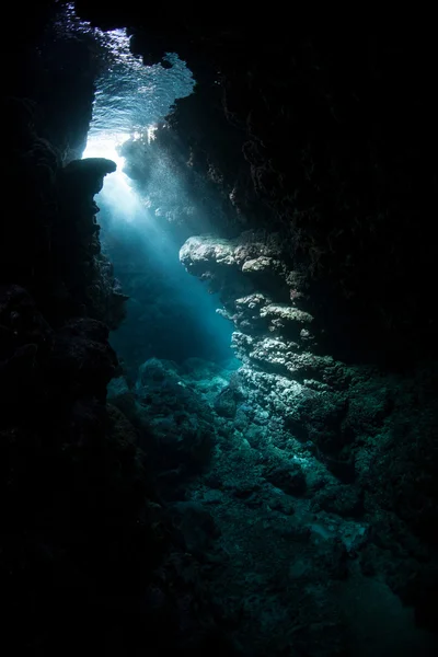 Rayos de luz solar pasan a las profundidades del arrecife de coral — Foto de Stock