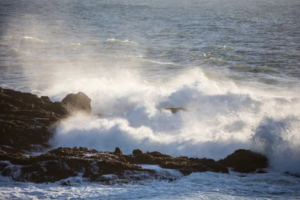 Uma onda poderosa cai sobre rochas — Fotografia de Stock