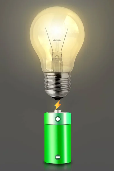 Yanan lamba ve yeşil pil yakın plan. Enerji üretiliyor.
