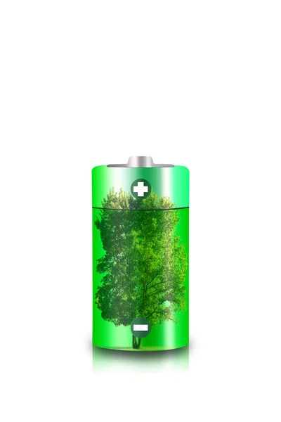A green battery with a tree inside on a white background is isolated.