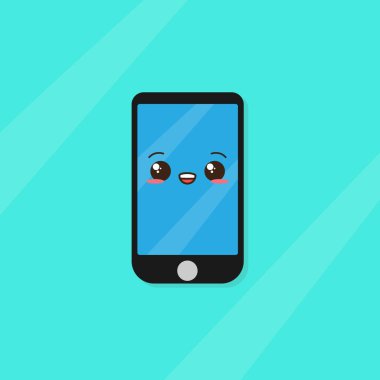 Çizgi film akıllı telefon karakteri. Gülümseyen yüzlü cep telefonu maskotu. Mutlu akıllı telefonlar 
