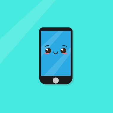 Çizgi film akıllı telefon karakteri. Gülümseyen yüzlü cep telefonu maskotu. Mutlu akıllı telefonlar 