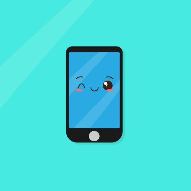 Çizgi film akıllı telefon karakteri. Gülümseyen yüzlü cep telefonu maskotu. Mutlu akıllı telefonlar 
