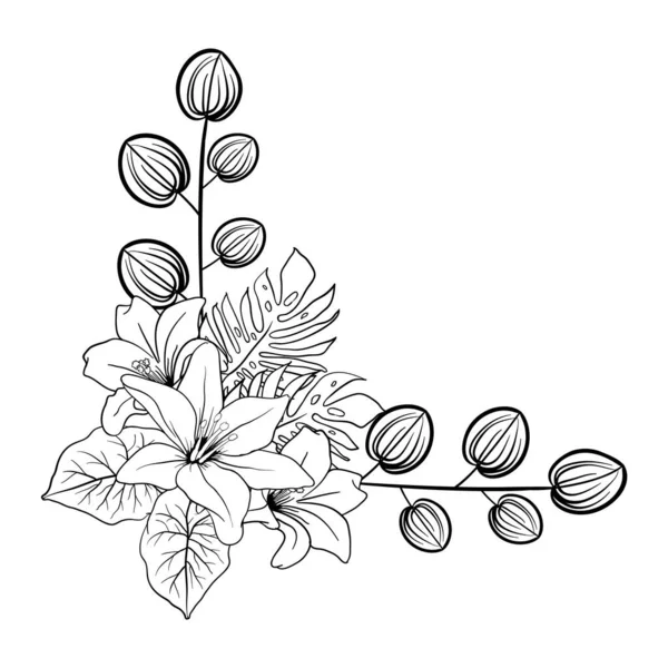 秋の夏の花の葉装飾的な手描きの落書き1色モノクローム — ストックベクタ