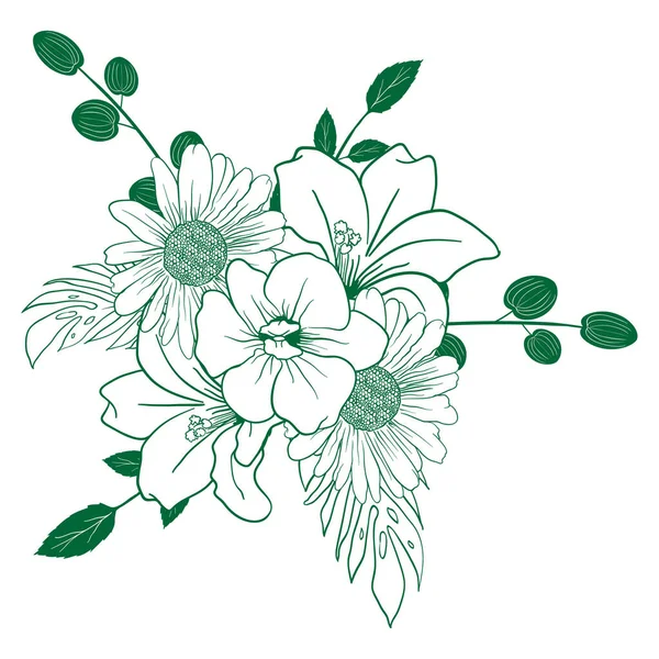 Φθινόπωρο Καλοκαίρι Λουλούδι Φυλλώματα Διακοσμητικά Χέρι Ισοπαλία Doodle Ένα Χρώμα — Διανυσματικό Αρχείο