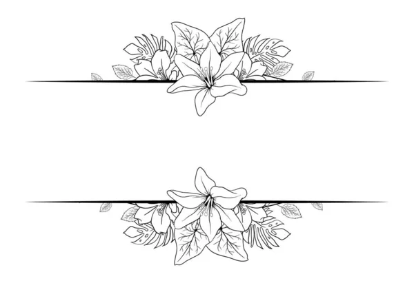 Monochrome Hand Draw Flower Foliage Blossom Border Ornament Decorative Best — Stock Vector