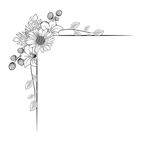Černobílý Ručně Kreslit Květinové Listy Květinové Okraje Ornament Dekorativní Nejlepší — Stockový vektor