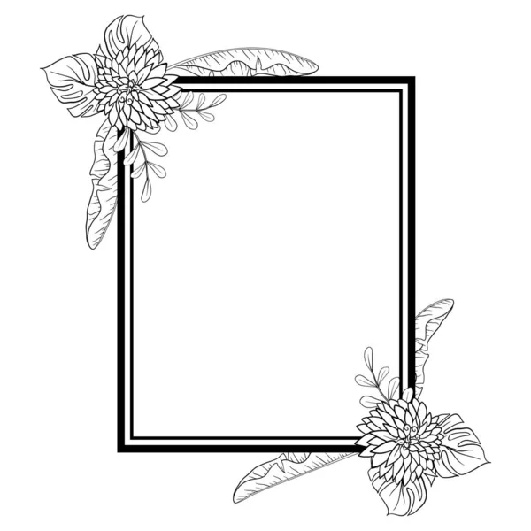 Vakre Bladverk Blomsterramme Tekst Deling Med Elegant Blomsterdekorasjon Blader Monokrom – stockvektor