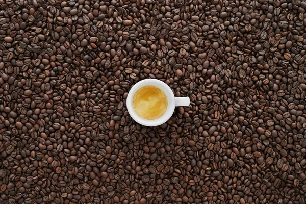 Beyaz espresso bardağında espresso. Kahve çekirdekleriyle çevrili..                            