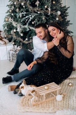 Süslü bir Noel ağacının yanında yumuşak bir halıya oturmuş gülümseyen ve neşeli bir anı paylaşan bir çift. Önlerinde, bir tavşan tatil süsleri arasında küçük bir ahşap kızağı keşfediyor..