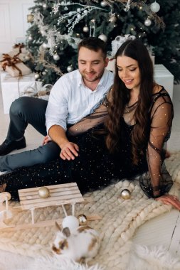 Güzel dekore edilmiş bir Noel ağacının yanında yumuşak bir halıya oturan bir çift. Sevimli bir tavşan yakınlarda zıplayıp neşeli ve samimi bir tatil ortamı yaratırken bir oyuncakla oynuyorlar..