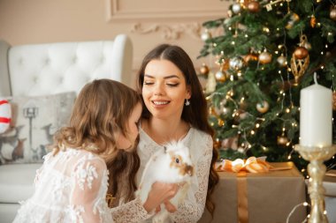 Bir anne ve kızı, güzel süslenmiş bir Noel ağacının yanında bir tavşanla etkileşime girerken birlikte özel bir anın tadını çıkarıyorlar. Güneş ışığı şenlik cazibesini arttırır..