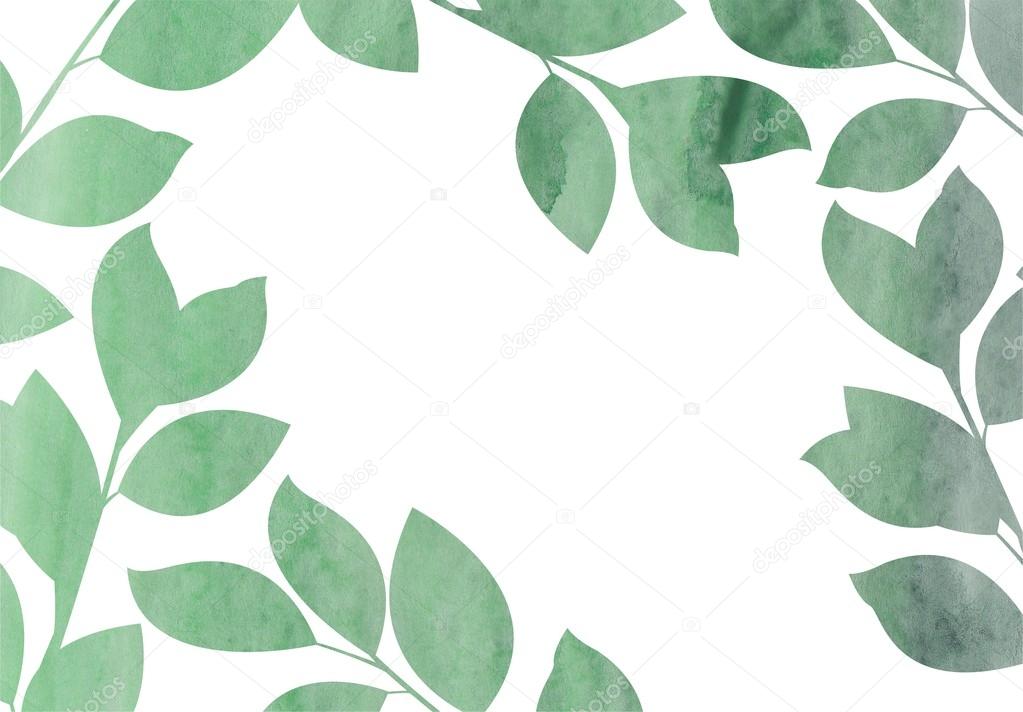 Watercolor green leaves frame background