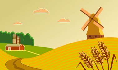 Tarlaları, değirmeni ve çiftliği olan kırsal alan. Düz biçimli vektör illüstrasyonu.