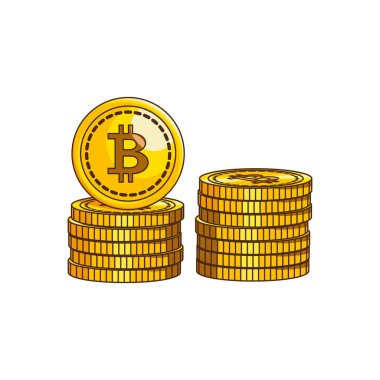 Bitcoin para, bir yığın bozuk para. Kripto para birimine yatırım yapma kavramı. Düz çizgili renk vektör illüstrasyonu.