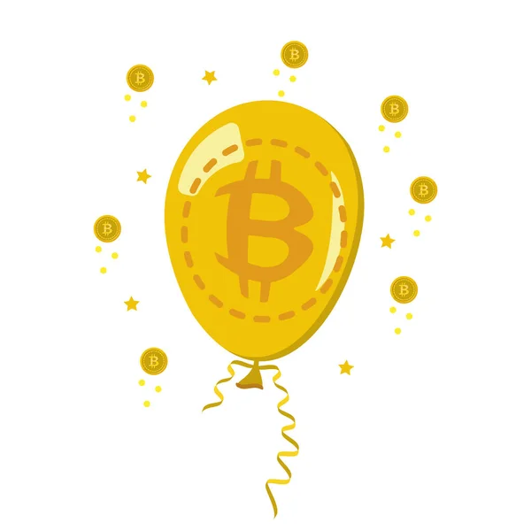 Bitcoin kavramı şişirilmiş bir balondur. Aşırı ısınmış kripto para piyasası ve düşme beklentisi. Düz biçimin renk vektör illüstrasyonu.