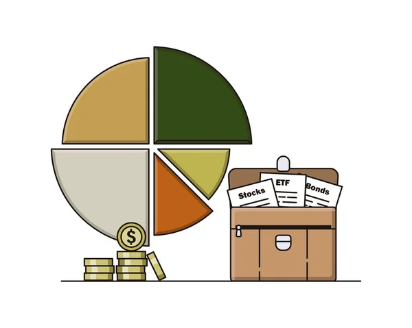 Инвестиционный портфель с ценными бумагами, круговой диаграммой и пачкой монет. Концепция дефирификации, ребалансировки и перераспределения активов в портфеле. Цветовая векторная иллюстрация плоского наброска. — стоковый вектор
