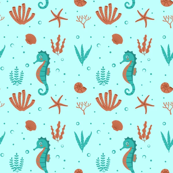 Patrón de vida marina sin costuras. Caballo de mar, conchas marinas y algas sobre un fondo azul. Ilustración del vector de color para la tela, papel de embalaje. — Vector de stock