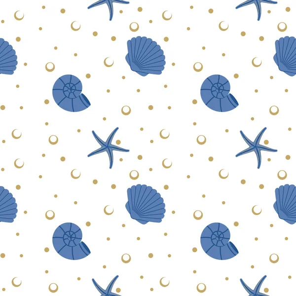 Estrella de mar sin costuras y patrón de concha sobre fondo blanco. Ilustración de vectores de color para telas, envolturas, papel. — Vector de stock