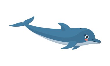 Çizgi film sevimli yunusu. Kawaii gözlü mavi memeli karakter. Renk vektörü illüstrasyonu.