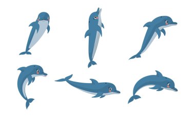 Farklı pozlarda çizgi film yunusları. Renk vektörü illüstrasyonu.