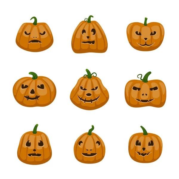 Set of scary and funny pumpkins for Halloween. Color vector illustration of flat style. — Stock Vector