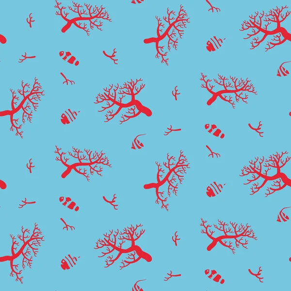 Patrón marino submarino con corales y peces. Colores azul-rojo. Ilustración vectorial. — Vector de stock