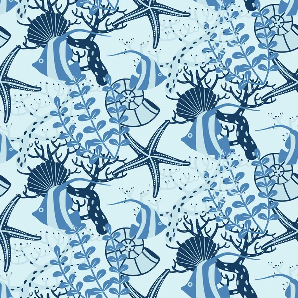 Patrón marino submarino sin costura con peces, corales, algas. Ilustración del vector blanco-azul del color. — Vector de stock