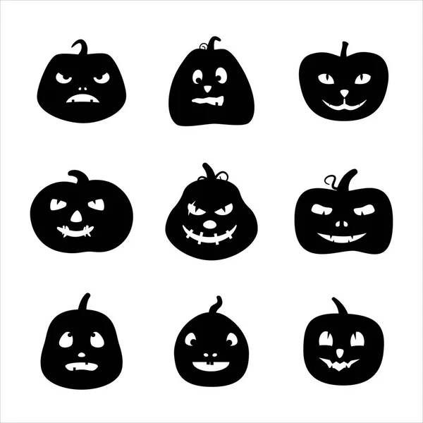 Set of silhouettes of scary pumpkin characters for Halloween. Black and white vector illustration. — Stock Vector